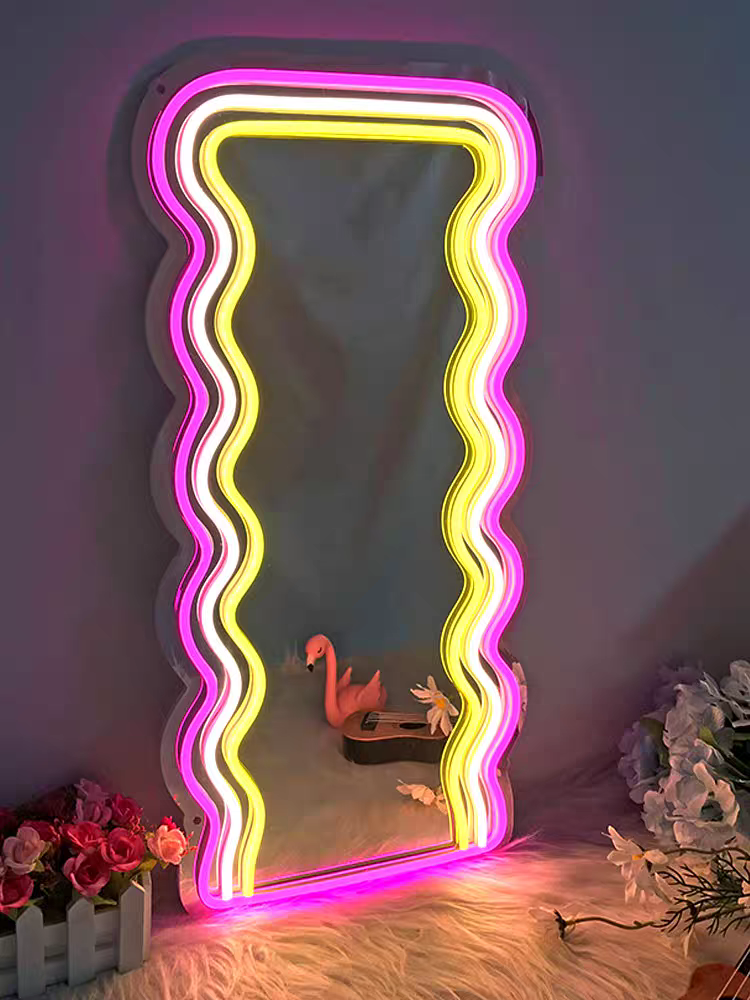 Creative Led Wave Mirror Light Logo, Neon Interior Decoration With Dimming Background, Lemon Yellow, Pink Application Scenario