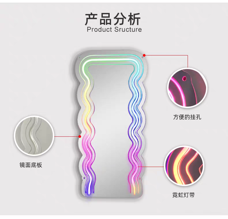 Creative Led Wave Mirror Light Logo, Neon Interior Decoration With Dimming Background, Lemon Yellow, Pink Item Picture
