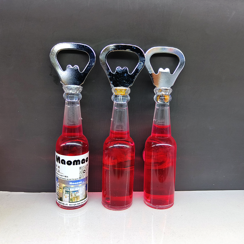 Realistic wine bottle fridge magnet, practical bottle opener, wine bottle screwdriver, bar fun decoration, home decoration, interchangeable stickers, advertising promotion event gifts, Zhehui Craft 01 Application Scenario