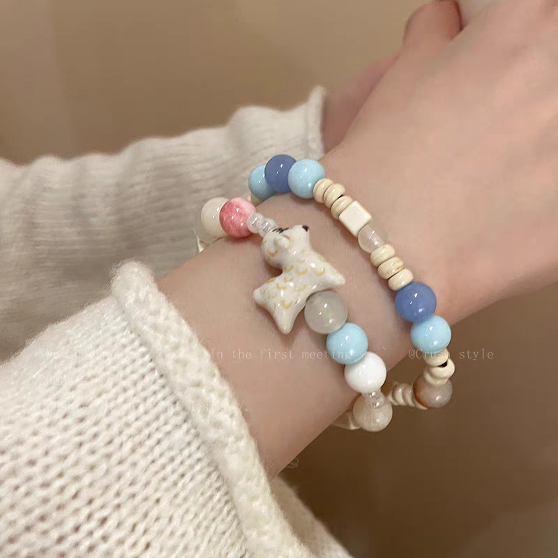 马卡龙色系小象陶瓷串珠手链女款夏季小众设计闺蜜手串多巴胺手饰