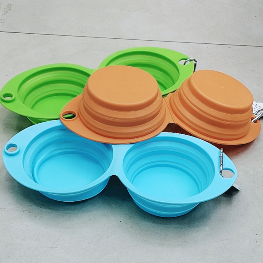 Pet silicone double-bowl portable silicone foldable bowl for cats and dogs going out Item Picture