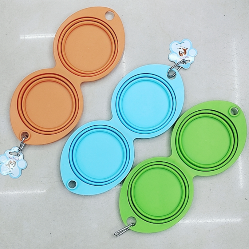 Pet silicone double-bowl portable silicone foldable bowl for cats and dogs going out details Picture