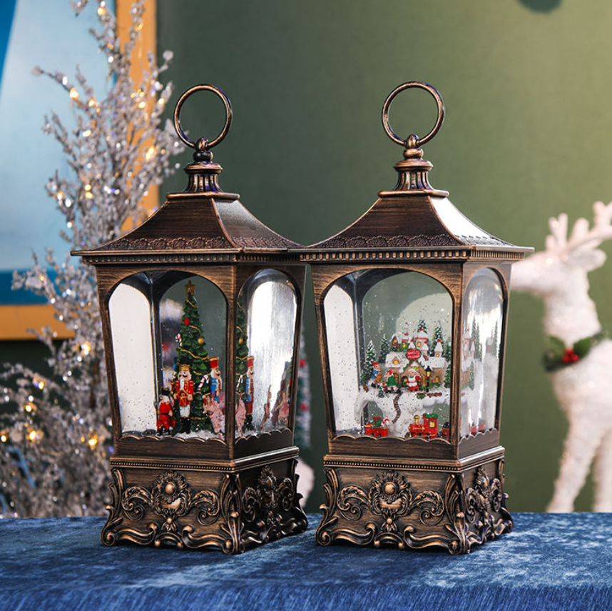Christmas square wind lanterns, rotating music box, snowflake crystal ball, music box, children's gift-giving scene ornaments details Picture