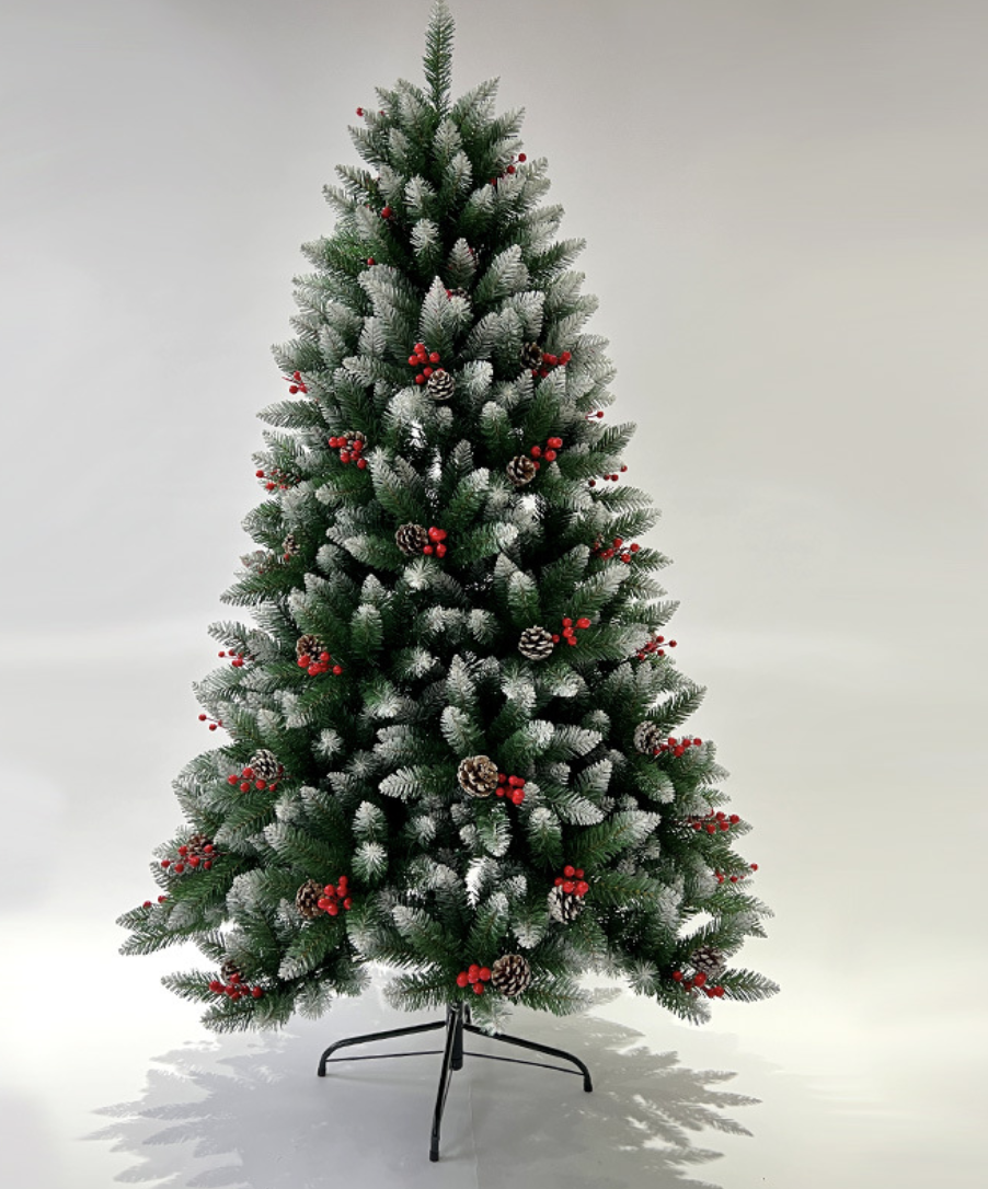 1.8M/6FT新款白点子弹头加密圣诞树尖头松果红果混合圣诞树场圣诞节装饰场景布置