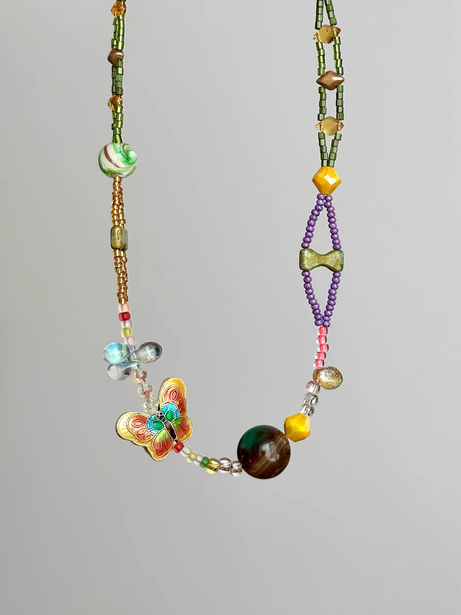 Doble línea pesada chequia cuentas borrado a mano beijing cloisonne mariposa piedra natural estilo nacional collar - 3