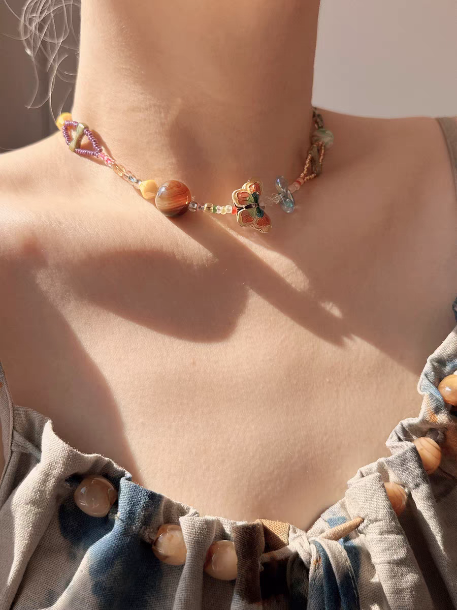 Doble línea pesada chequia cuentas borrado a mano beijing cloisonne mariposa piedra natural estilo nacional collar - 4