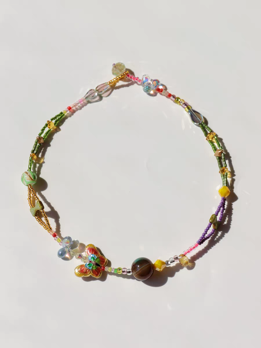 Doble línea pesada chequia cuentas borrado a mano beijing cloisonne mariposa piedra natural estilo nacional collar - 2