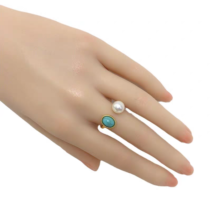 Natural freshwater pearl ring, open ring, 18K real gold electroplated natural turquoise ring, straight accessory detail image 5