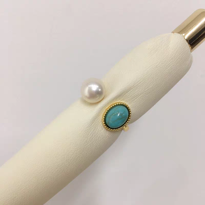 Natural freshwater pearl ring, open ring, 18K real gold electroplated natural turquoise ring, straight accessory