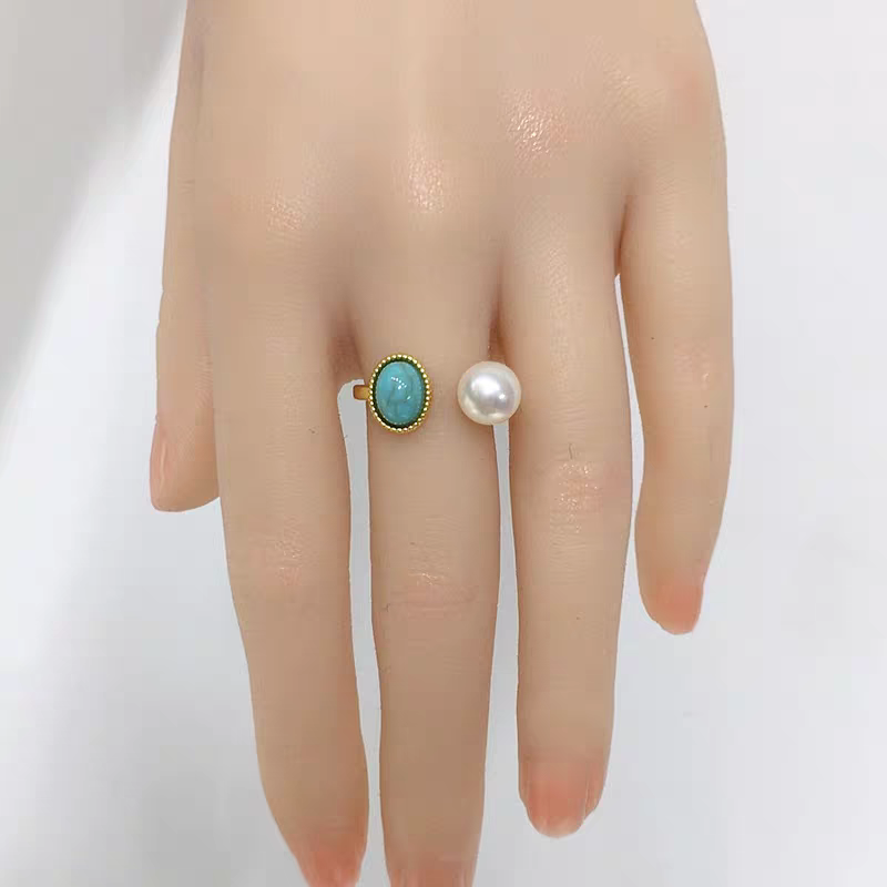 Natural freshwater pearl ring, open ring, 18K real gold electroplated natural turquoise ring, straight accessory Application Scenario