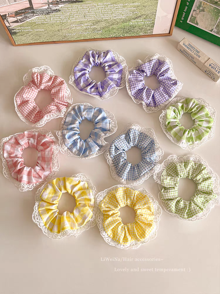 彩色格纹花边大肠发圈女丸子头扎发头绳不伤发耐用橡皮筋百搭发饰 燕饰饰品