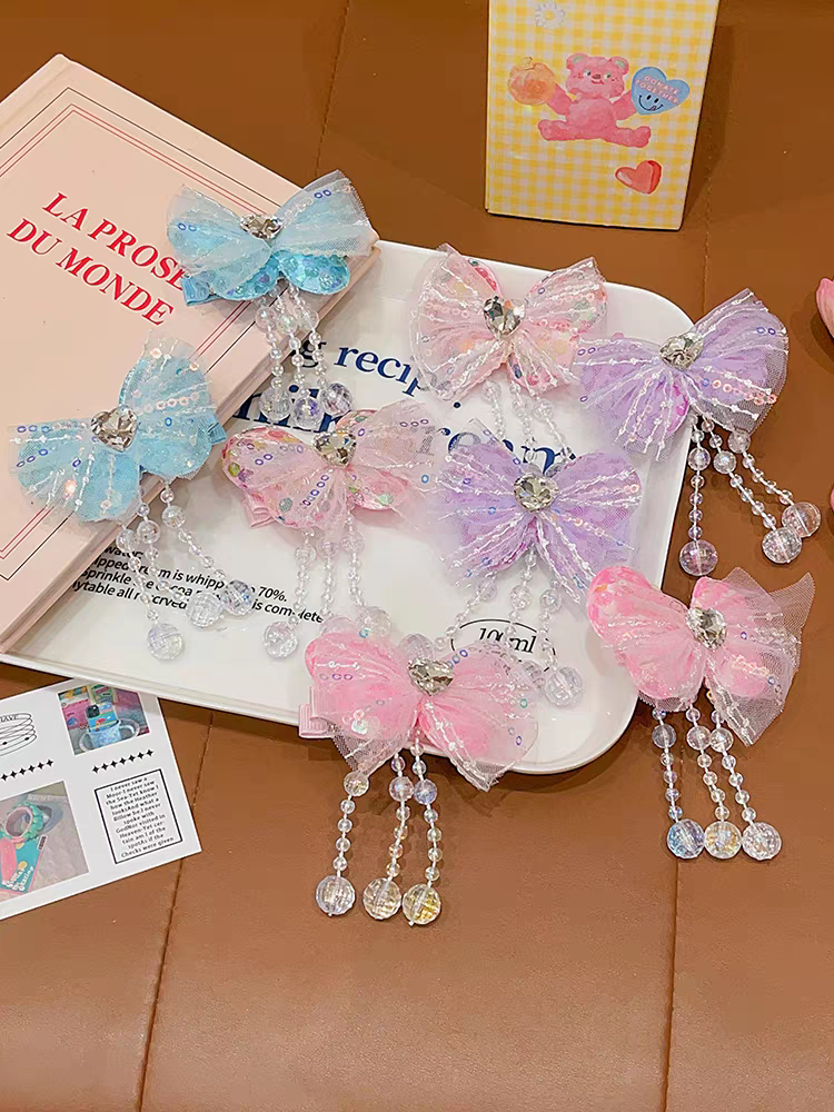 New 2024 collection: Children's bow hair clip, girls' super fairy-like pearl tassel mesh pair clip, princess bangs side clip, girls' hair accessory, Hanfu headwear, girls' headwear Specification image