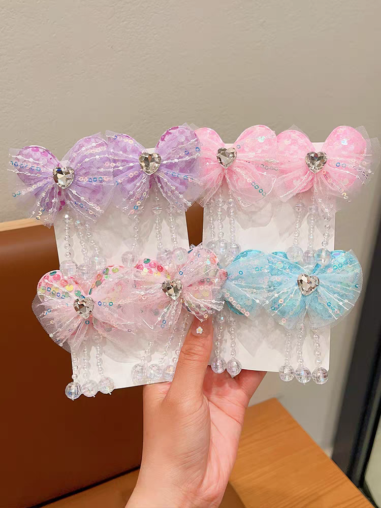 New 2024 collection: Children's bow hair clip, girls' super fairy-like pearl tassel mesh pair clip, princess bangs side clip, girls' hair accessory, Hanfu headwear, girls' headwear details Picture