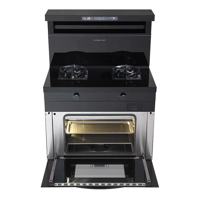 The AE01 steamer integrated stove from Keda features a side-suction bottom exhaust range hood, gas stove and head heating integrated set details Picture