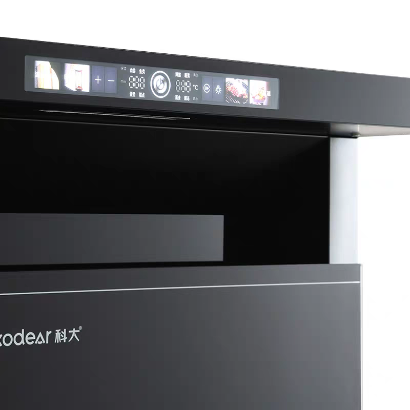 The AE01 steamer integrated stove from Keda features a side-suction bottom exhaust range hood, gas stove and head heating integrated set