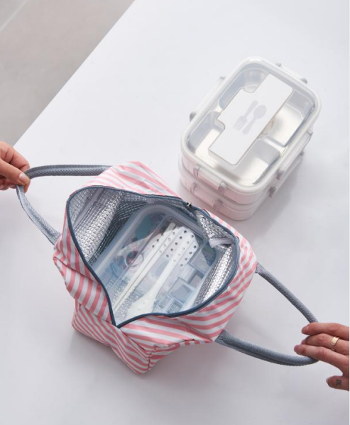 G33-1308 Circular striped insulated bag with handle, portable insulated bag, minimalist style insulated bag details Picture