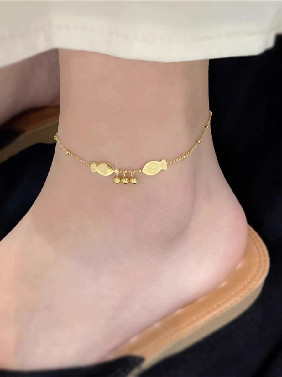 18k金双鱼铃铛脚链女2024新款潮小众高级感钛钢性感足链不掉色白底实物图