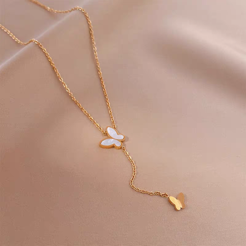 时尚钛钢双蝴蝶项链项链项链女短款饰品