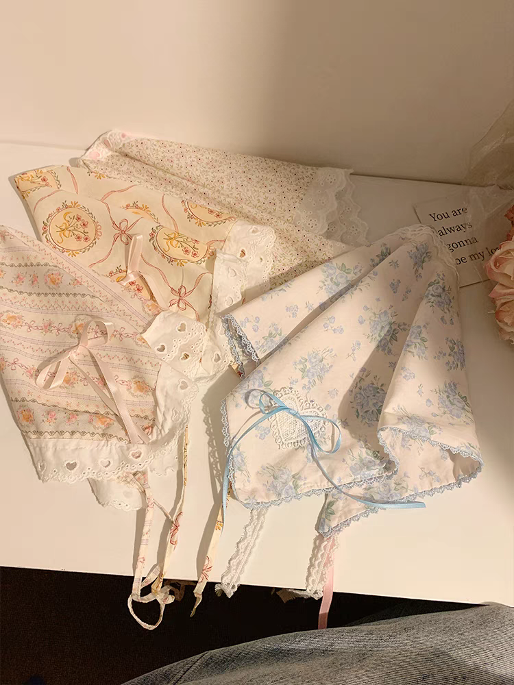 Heavy embroidery, blue bow, lace, triangular headscarf, women's headscarf, French floral country style, seaside hair band detail image 4