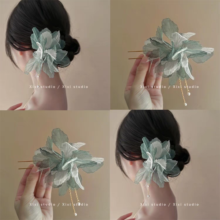 Atmospheric haze blue! Flower tassel hairpin! Sweet hairpin fabric pearl hair bun headpiece at the back of the head details Picture