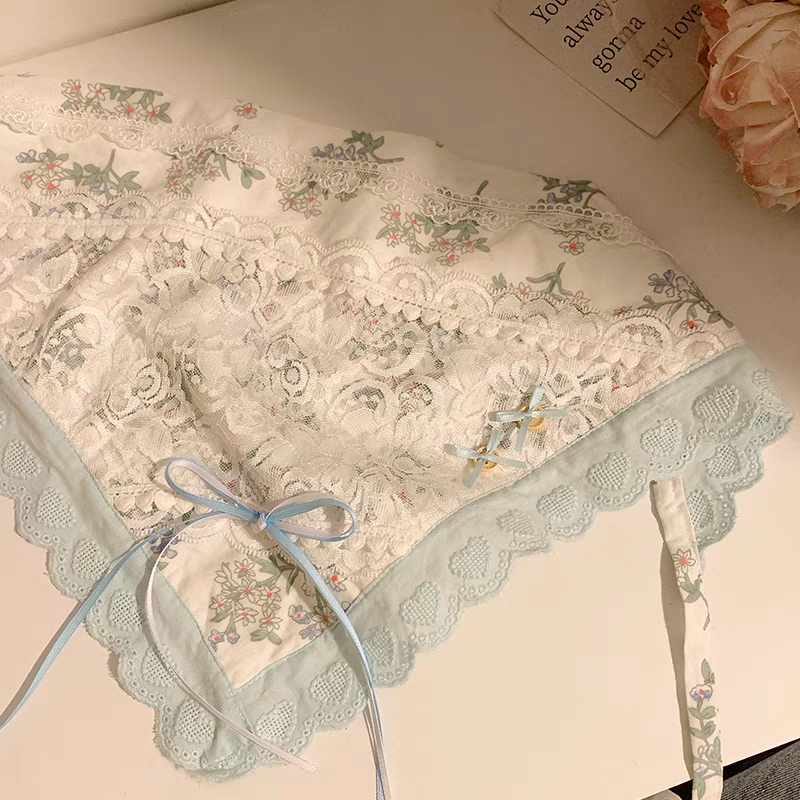 Heavy embroidery, blue bow, lace, triangular headscarf, women's headscarf, French floral country style, seaside hair band detail image 6