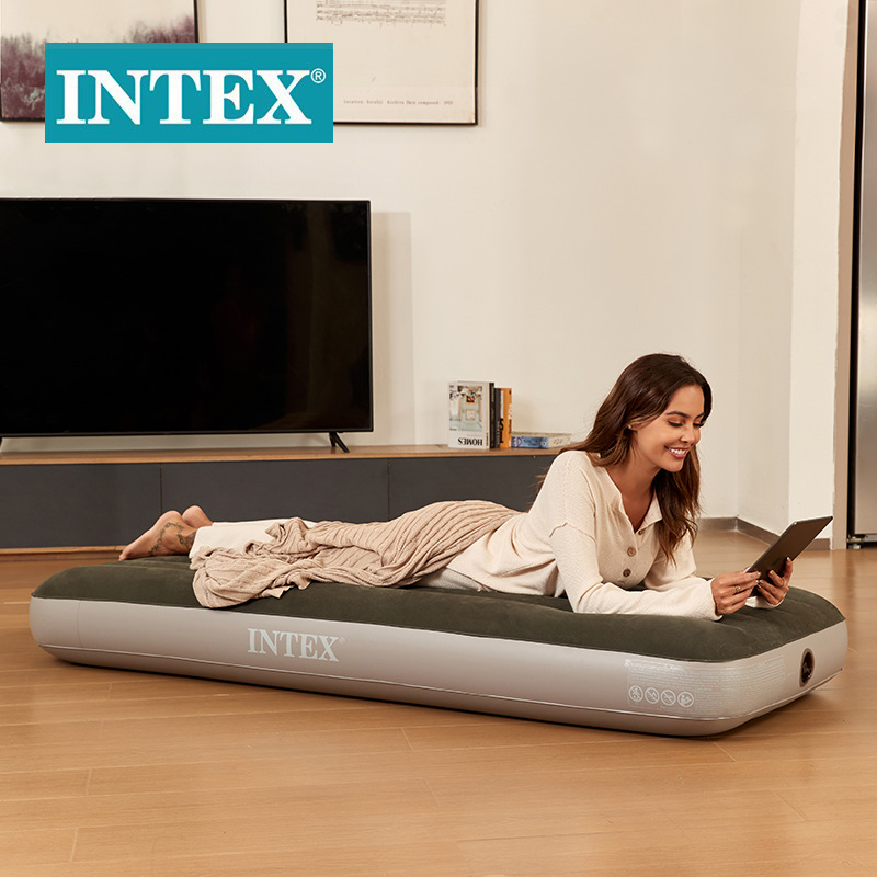 INTEX64106 green single-person flocking thread air bed, slightly small outdoor camping inflatable mattress, car mattress Specification image