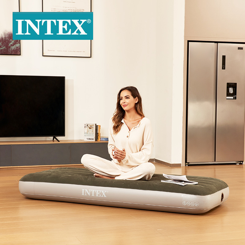 INTEX64106 green single-person flocking thread air bed, slightly small outdoor camping inflatable mattress, car mattress Item Picture