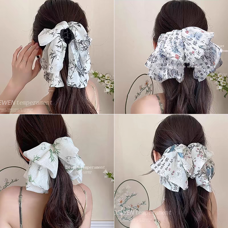 蝴蝶结飘带高马尾抓夹女夏高级感碎花马尾夹古风后脑勺显脸小发卡