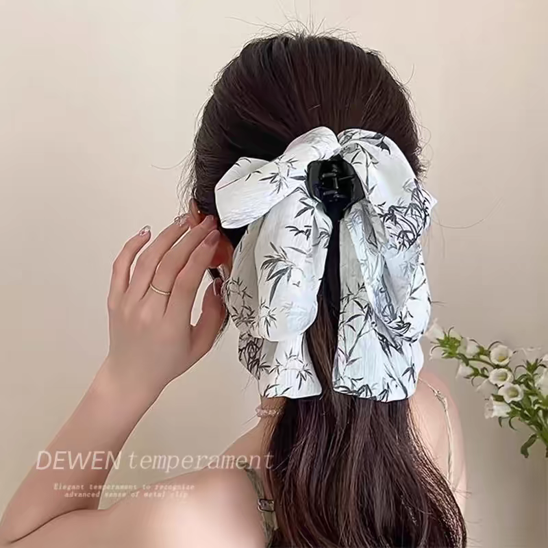 蝴蝶结飘带高马尾抓夹女夏高级感碎花马尾夹古风后脑勺显脸小发卡产品图