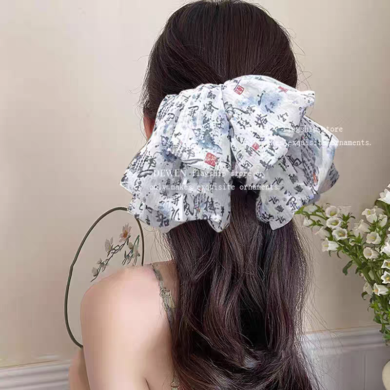 蝴蝶结飘带高马尾抓夹女夏高级感碎花马尾夹古风后脑勺显脸小发卡白底实物图