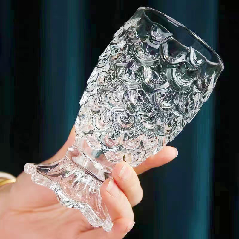 玻璃水杯美人鱼水晶玻璃水杯工艺品鱼鳞高脚杯白酒啤酒