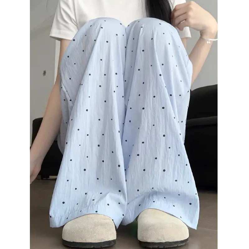 Blue Polka Dot Wide-Leg Pants Women's Summer Thin 2024 New Casual Small Texture Lazy Ice Silk Mountain Pants
