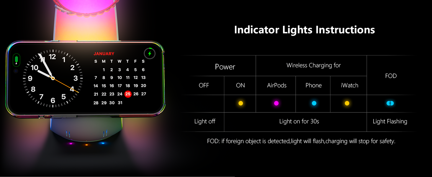 Little Moon Multi-functional magnetic wireless charger, 4-in-1 mobile phone wireless charger, watch, earphone wireless charger, RGB ambient light pic 9