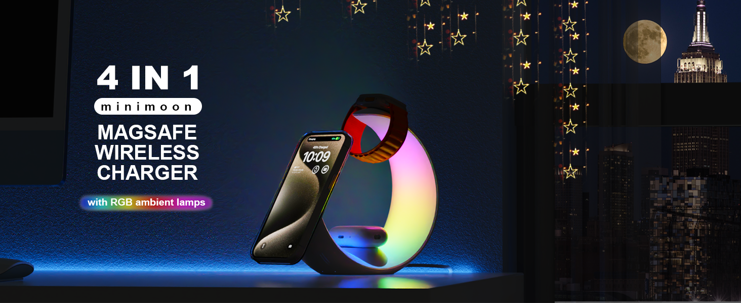 Little Moon Multi-functional magnetic wireless charger, 4-in-1 mobile phone wireless charger, watch, earphone wireless charger, RGB ambient light pic 1