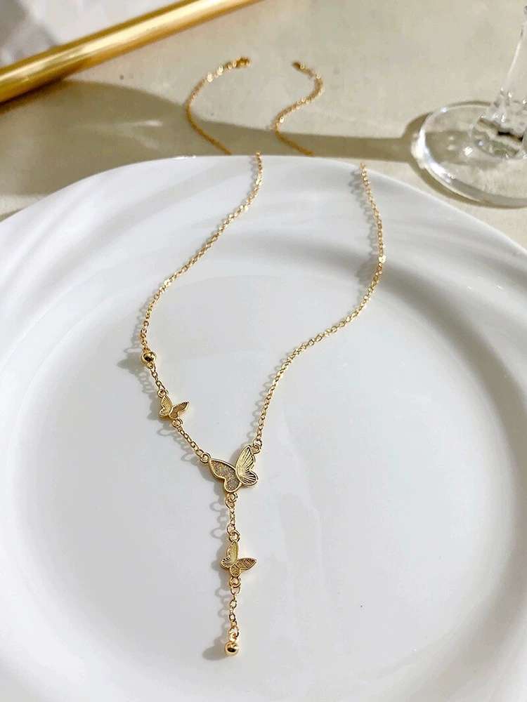 High-end design, butterfly tassel gold necklace, women's neckchain, light luxury, niche fashion, collarbone chain, elegant and non-fading necklace, women's dream, Fini xl007 details Picture