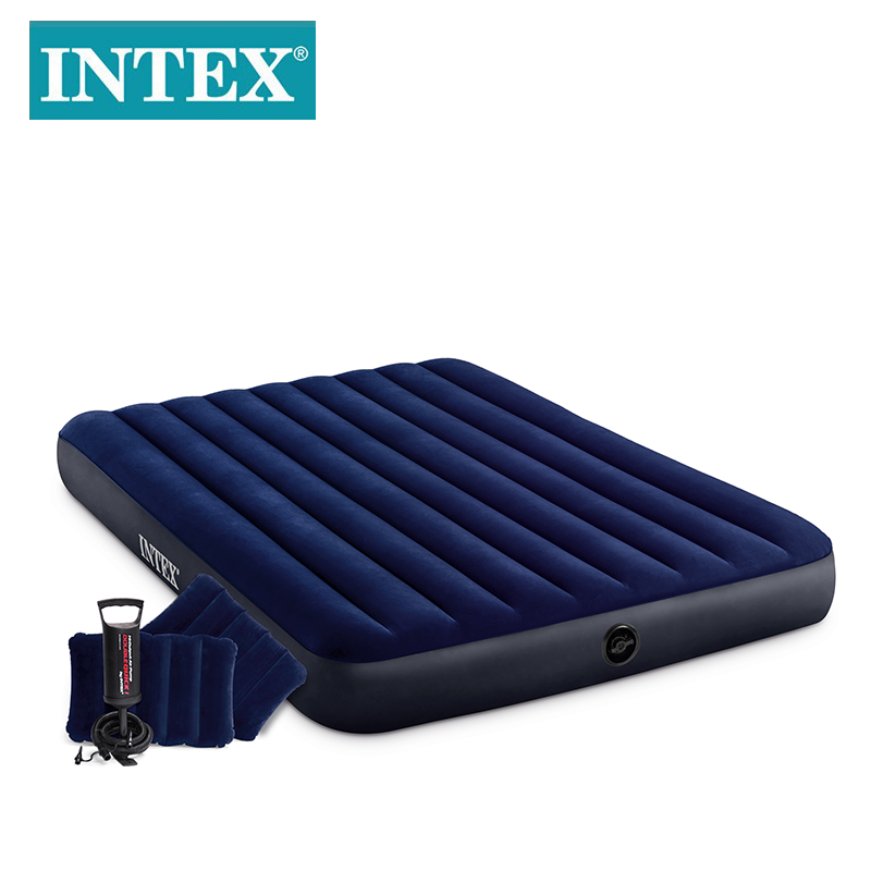 INTEX64765户外野营充气床垫枕头气泵组合深蓝色线拉空气床套装