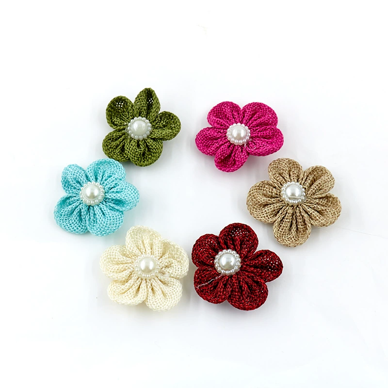 Place an order on your mobile phone or share and collect the best-selling diy accessories, semi-circular pearl imitation linen flowers, five-petal flowers in various colors, factory direct sales