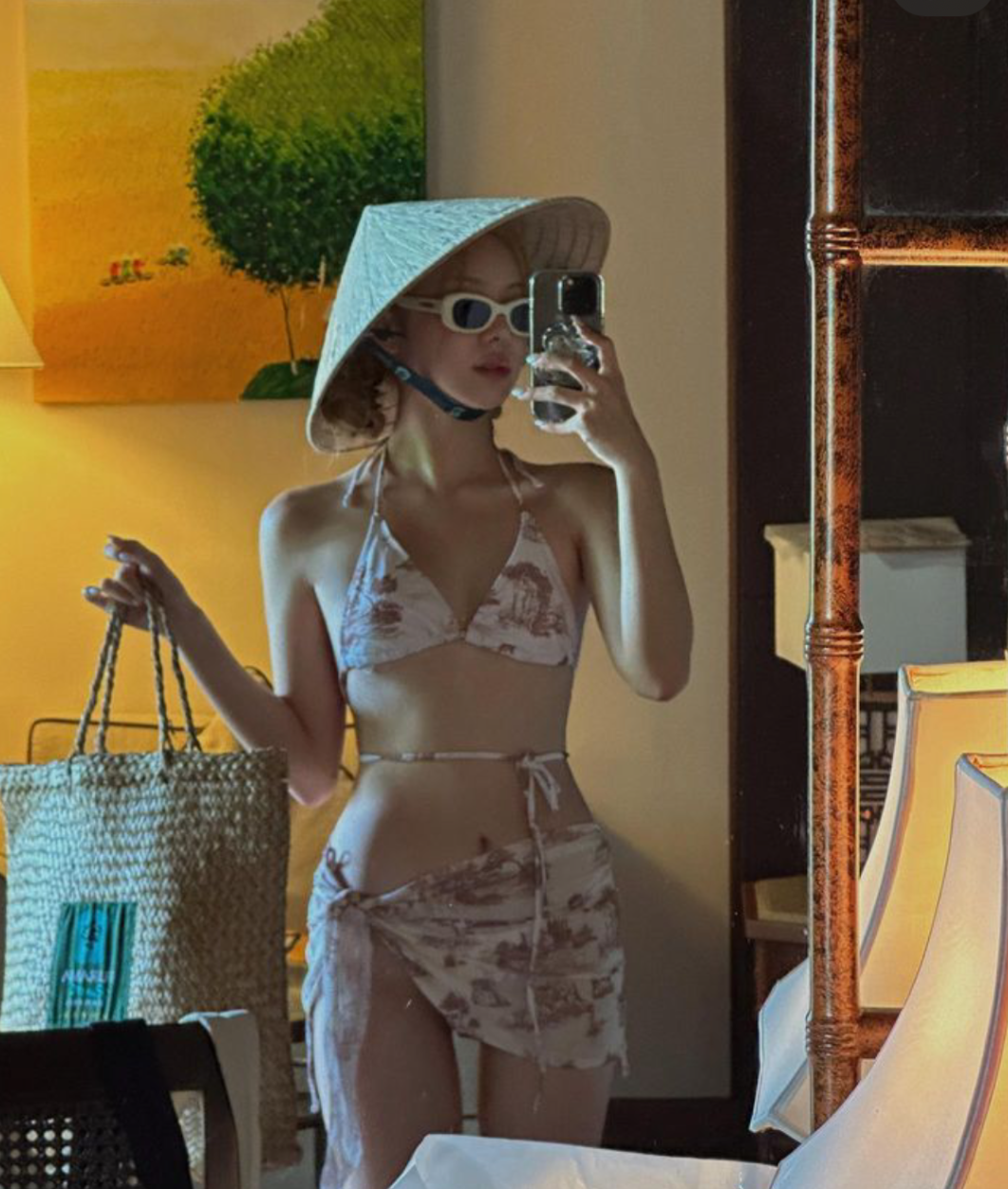 Bikini New Sexy Beauty Back Small Chest Gathering Vintage Style Print Fashion Lace-Up Two-Piece Swimsuit Women Three-Piece Set Specification drawing