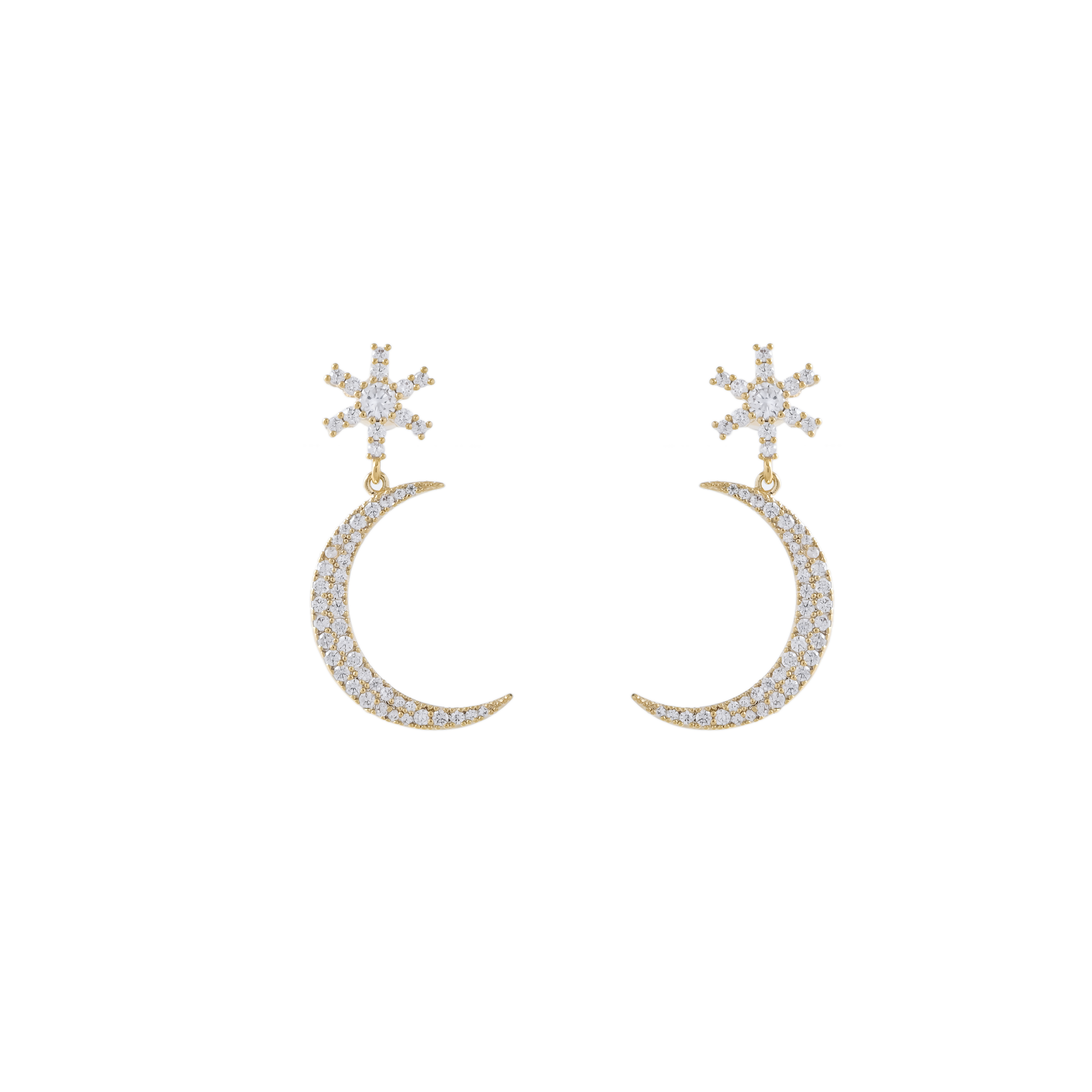 Xuhui brand exquisite and light luxury copper plated with real gold and set with zircon 925 silver needle star moon luxurious design fashionable stud earrings details Picture