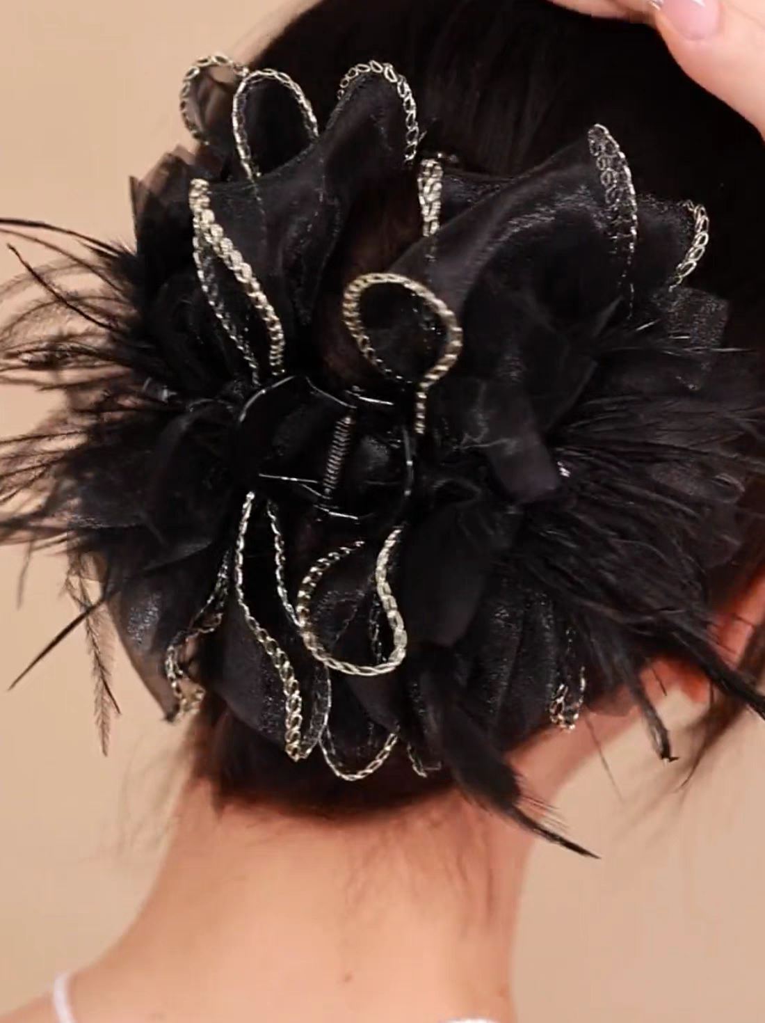 大花朵羽毛抓夹女夸张增发量发夹高级感鲨鱼夹大号发卡头花头发饰