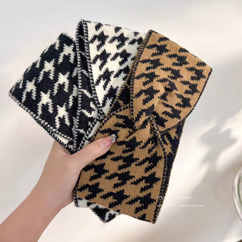 复古千鸟格毛线束发带女宽边针织交叉秋冬外出发箍2024年新款头饰2详情图3