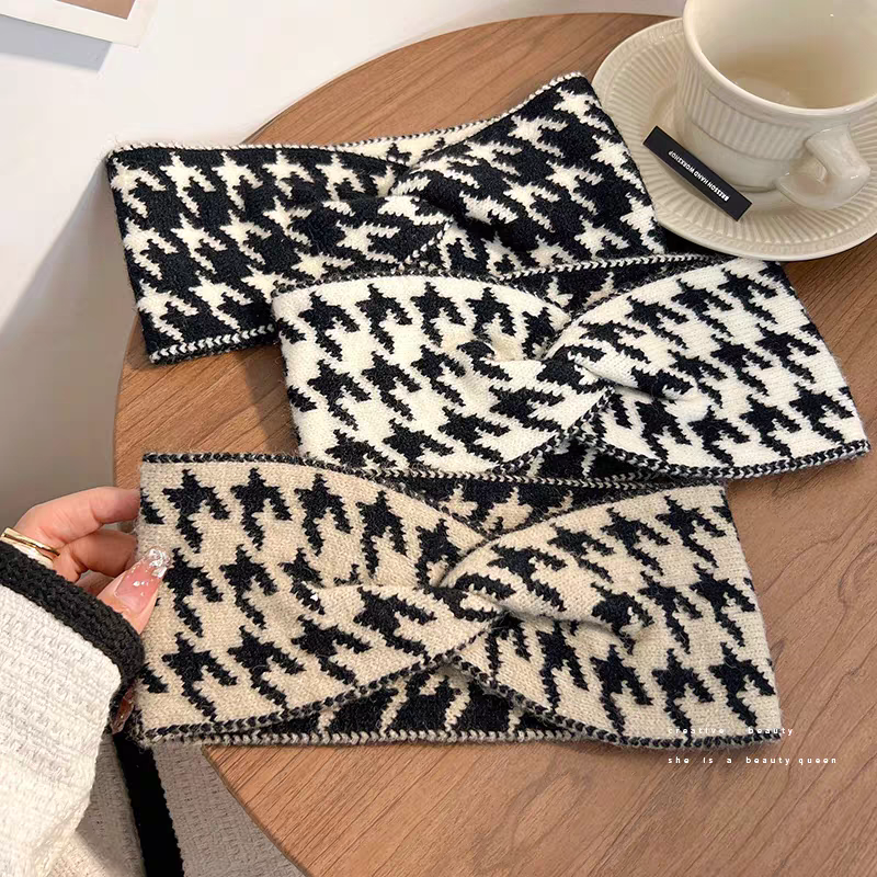 复古千鸟格毛线束发带女宽边针织交叉秋冬外出发箍2024年新款头饰2产品图