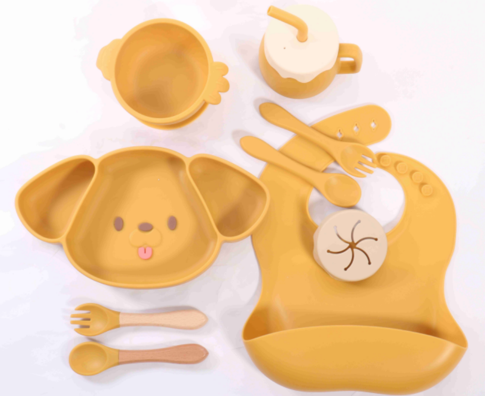 Big ear silicone grid plate set, baby gift, animal plate, baby three-grid feeding silicone tableware