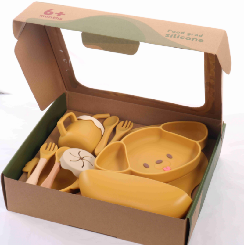 Big ear silicone grid plate set, baby gift, animal plate, baby three-grid feeding silicone tableware Item Picture