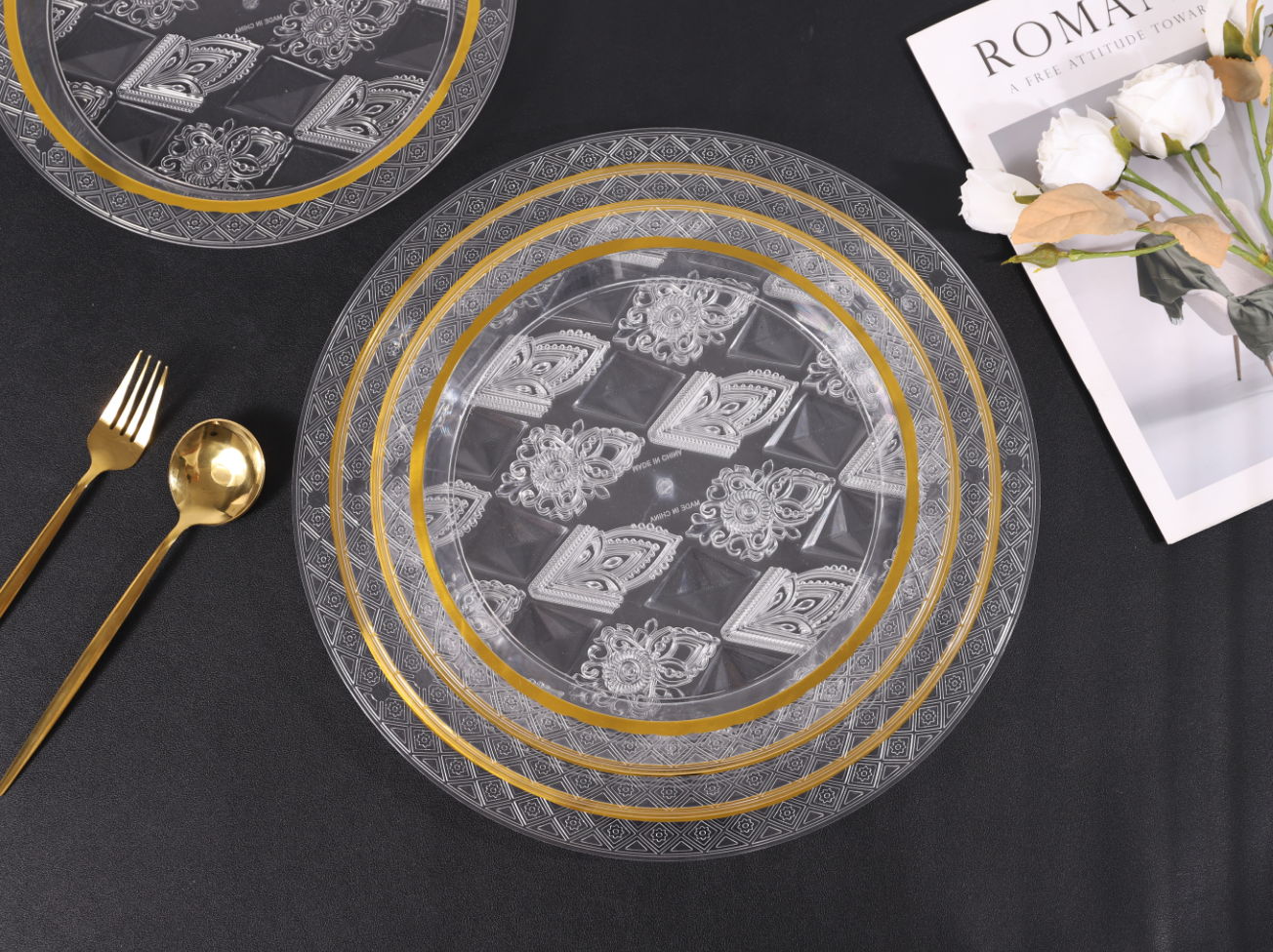 Amber transparent tray, round dining tea tray, coffee table, cups, tea cups and water cups, home living room dinner plate set Item Picture
