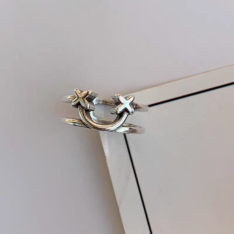 不掉色s925镀银戒指爱心笑脸时尚复古潮流个性做旧开口可调节小众戒指图