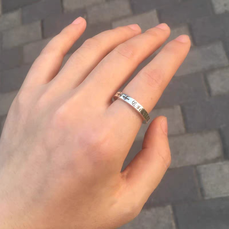 纯克罗心潮流十字架窄版永恒之心纯银戒指做旧复古刻字情侣款戒指