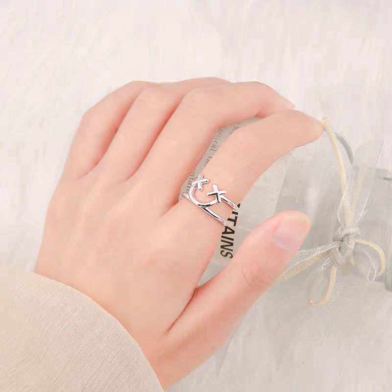 不掉色s925镀银戒指爱心笑脸时尚复古潮流个性做旧开口可调节小众戒指细节图