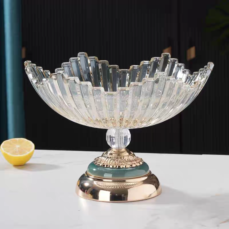 玻璃果盘带底座欧式水果盘 珠点果斗竖条纹玻璃盘子 别墅样板间果盆果篮装饰果盘大号玻璃碗金属底座工艺品产品图