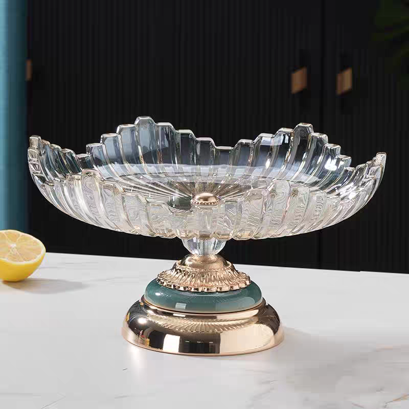 玻璃果盘带底座欧式水果盘 珠点果斗竖条纹玻璃盘子 别墅样板间果盆果篮装饰果盘大号玻璃碗金属底座工艺品详情图4